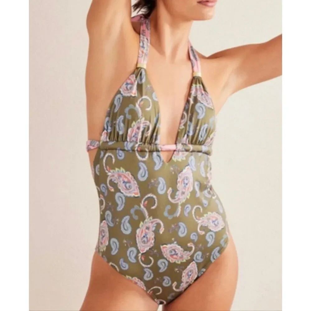Boden Gather Halter Paisley Print Swimsuit | Brown and Pink in 8